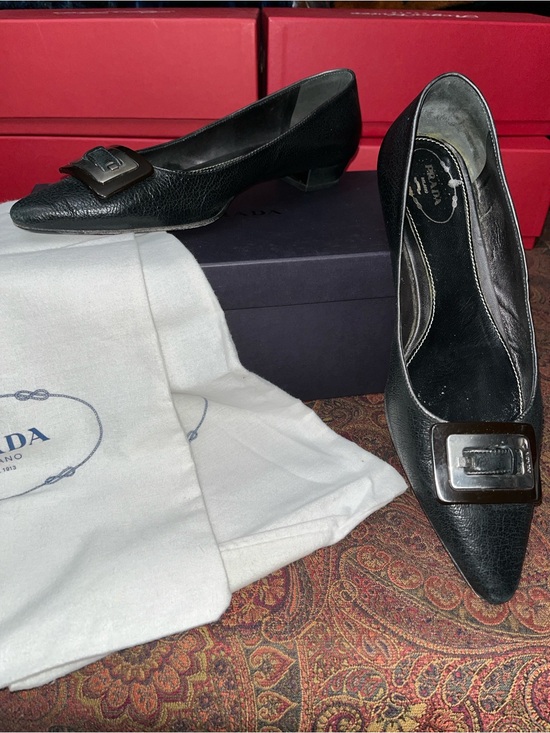 Prada Shoes - Prada Black Leather Pointed Toe Low Heels with Buckle – Size EU38.5